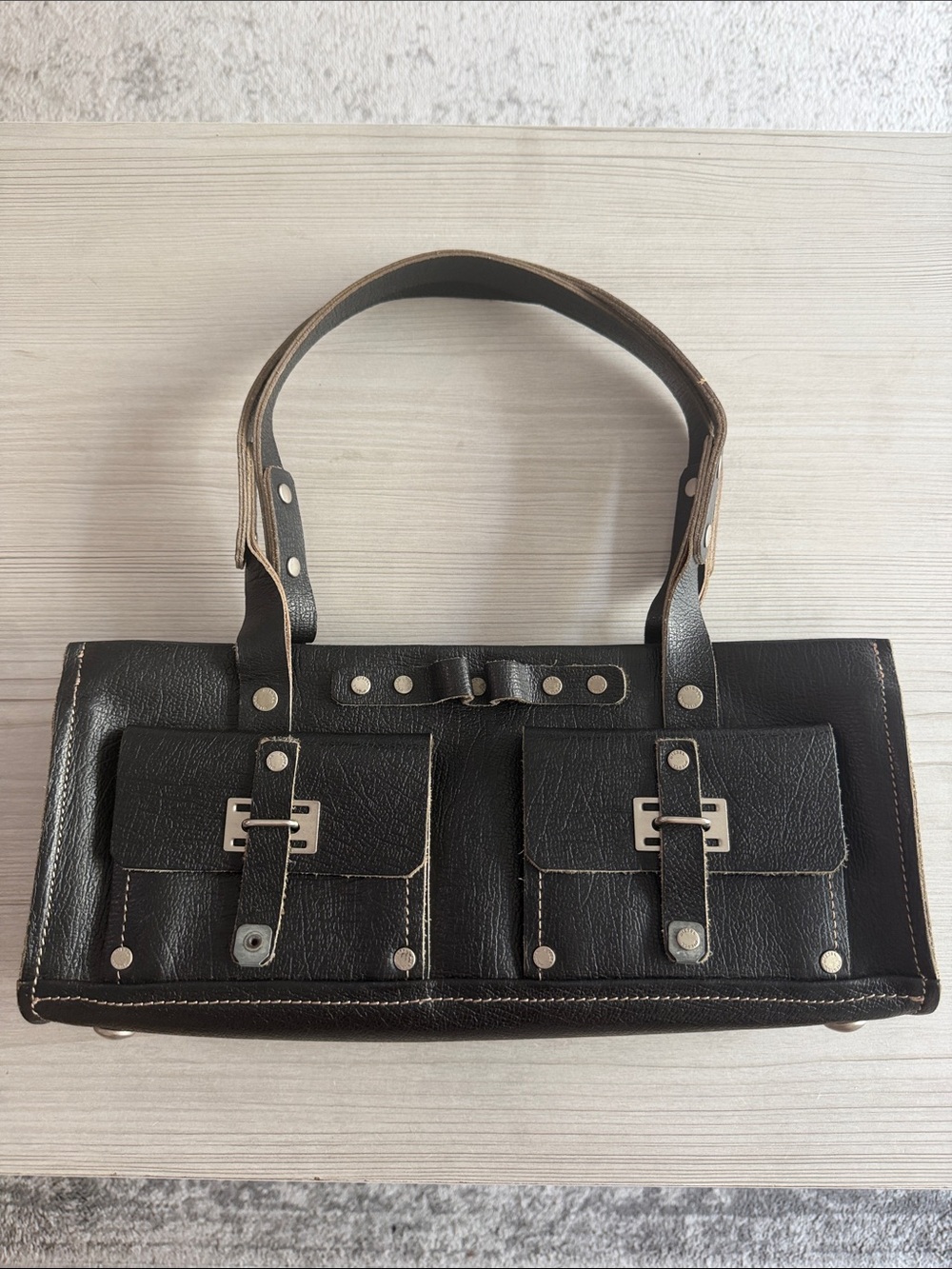 Diesel Black Leather Double-Pocket Shoulder Bag